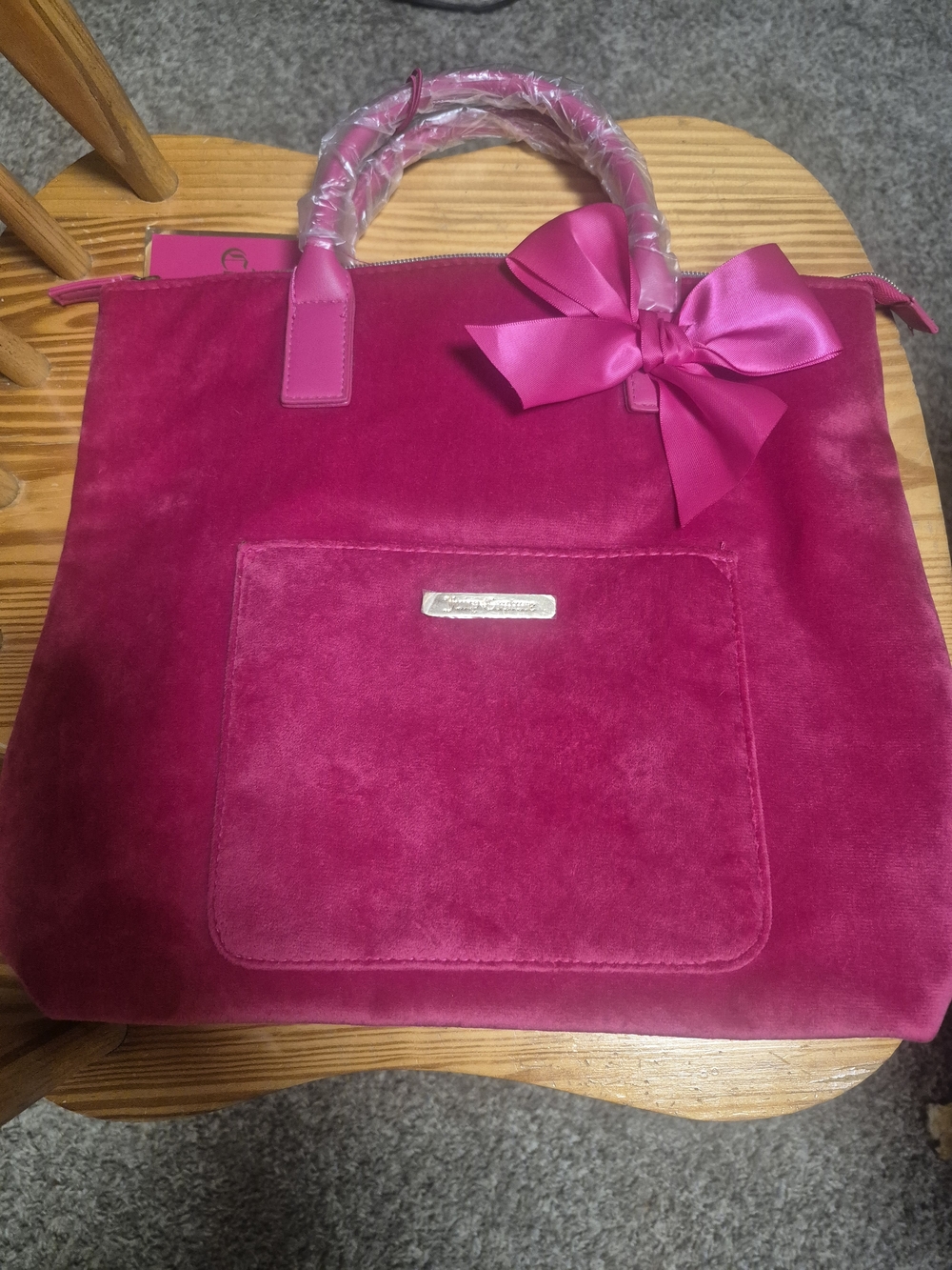 Hot Pink Velvet Tote Backpack with Bow Accent